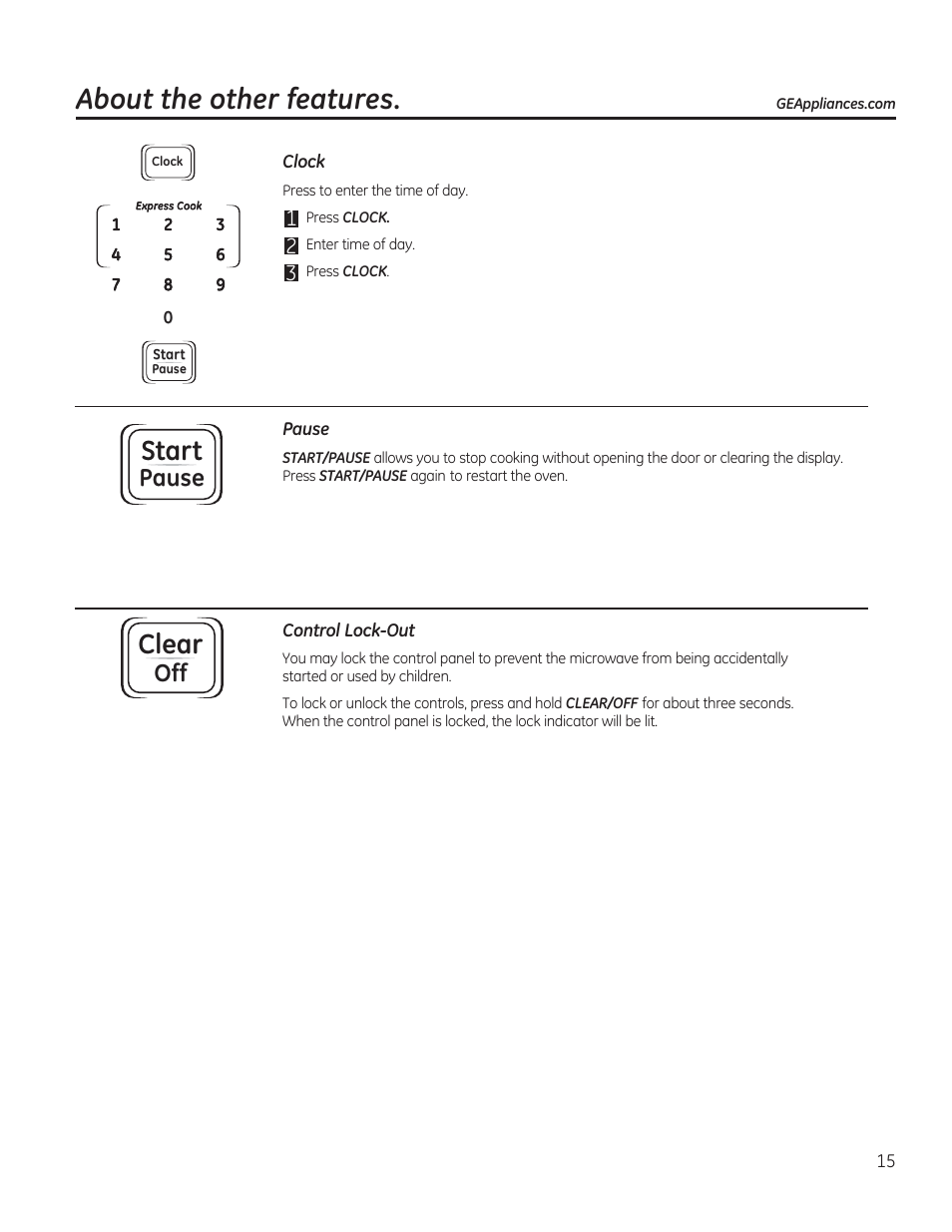 About the other features, Start, Clear | Pause | GE JES1656SRSS User Manual | Page 15 / 40
