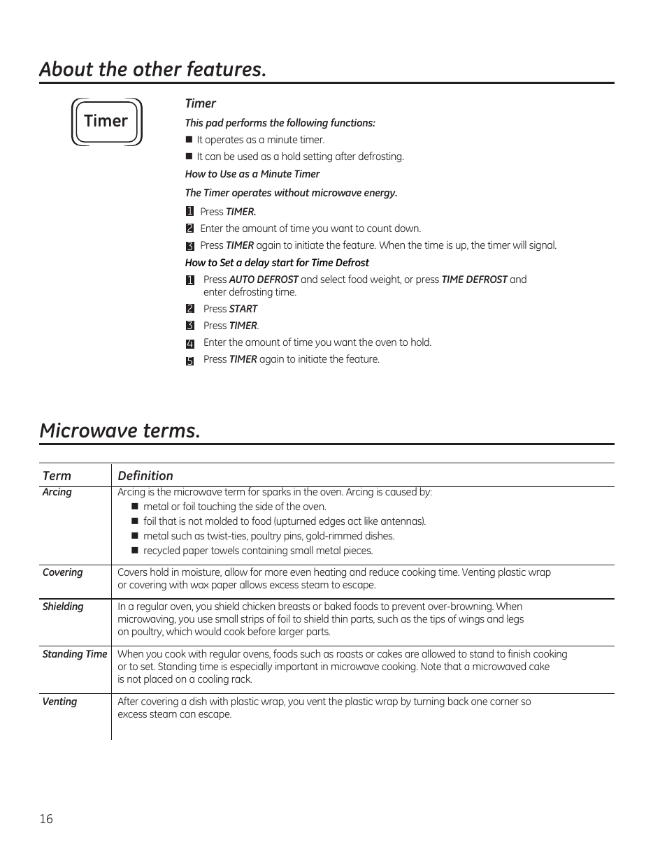 Microwave terms, About the other features, Timer | GE JES1656SRSS User Manual | Page 16 / 40