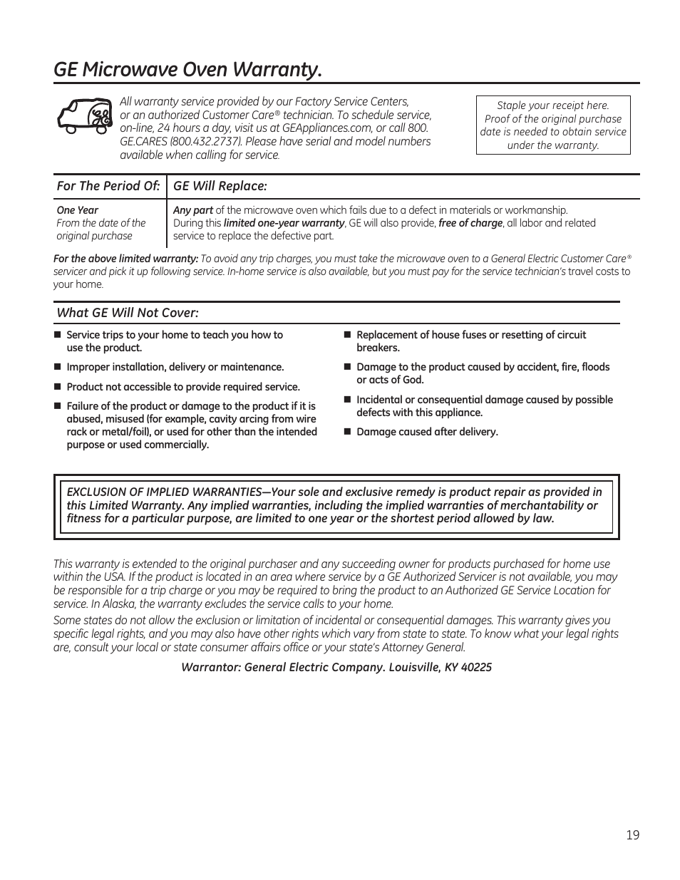 Ge microwave oven warranty | GE JES1656SRSS User Manual | Page 19 / 40