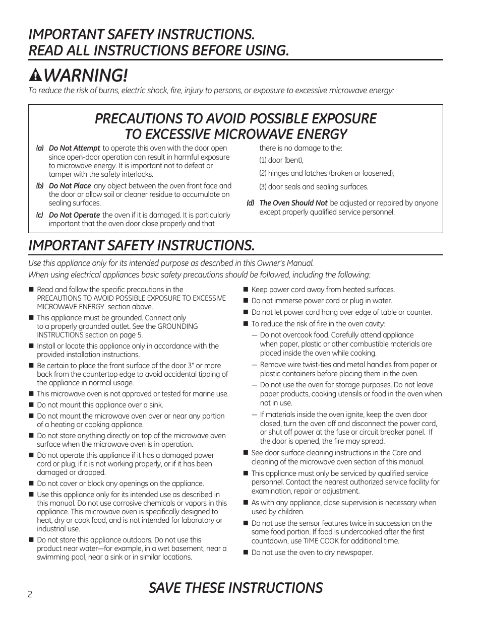 Warning, Save these instructions | GE JES1656SRSS User Manual | Page 2 / 40