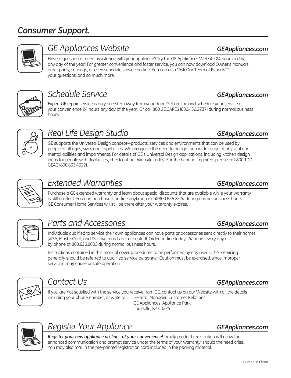 Consumer support. ge appliances website, Schedule service, Real life design studio | Extended warranties, Parts and accessories, Contact us, Register your appliance | GE JES1656SRSS User Manual | Page 20 / 40