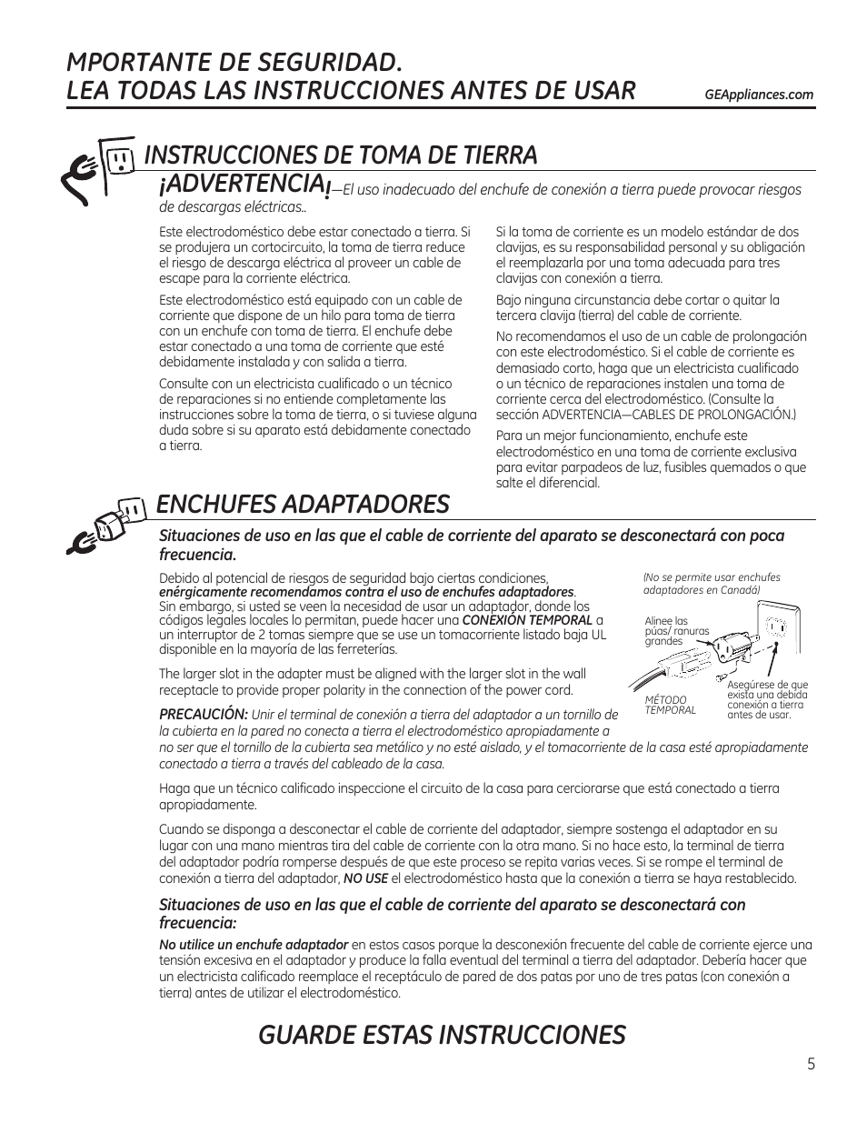 Guarde estas instrucciones, Enchufes adaptadores, Instrucciones de toma de tierra | Advertencia | GE JES1656SRSS User Manual | Page 25 / 40