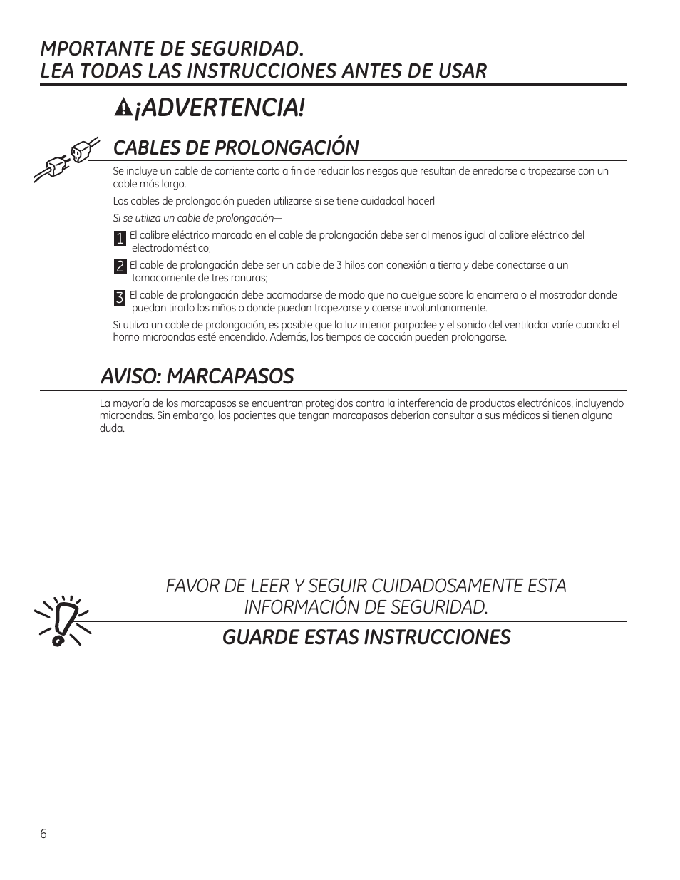 Advertencia, Aviso: marcapasos, Guarde estas instrucciones | Cables de prolongación | GE JES1656SRSS User Manual | Page 26 / 40