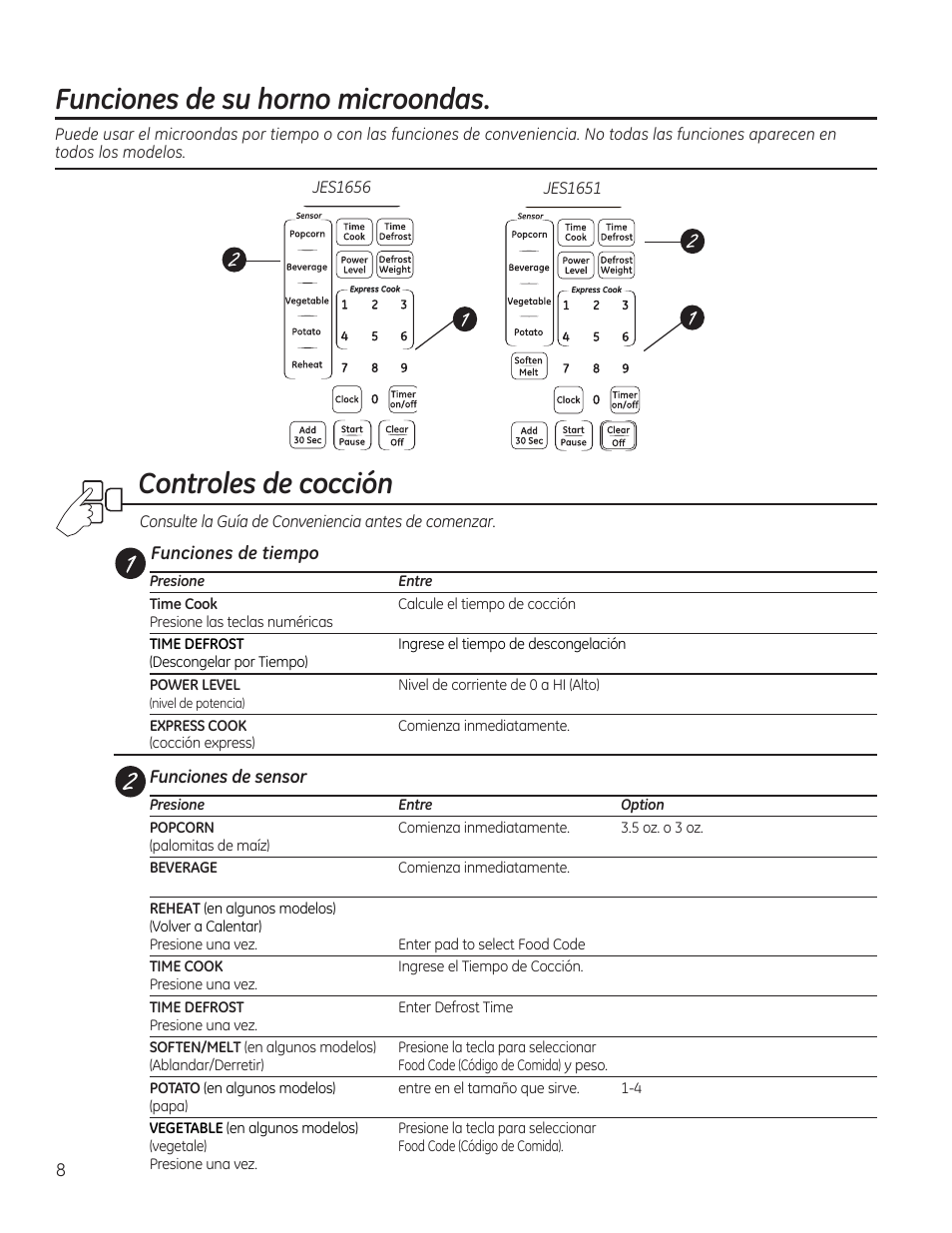 Controles de cocción, Funciones de su horno microondas, Funciones de tiempo | Funciones de sensor, Consulte la guía de conveniencia antes de comenzar | GE JES1656SRSS User Manual | Page 28 / 40