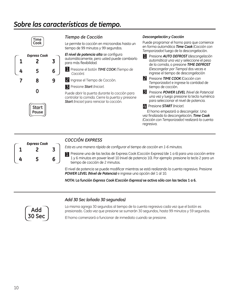 Sobre las características de tiempo, Add 30 sec | GE JES1656SRSS User Manual | Page 30 / 40