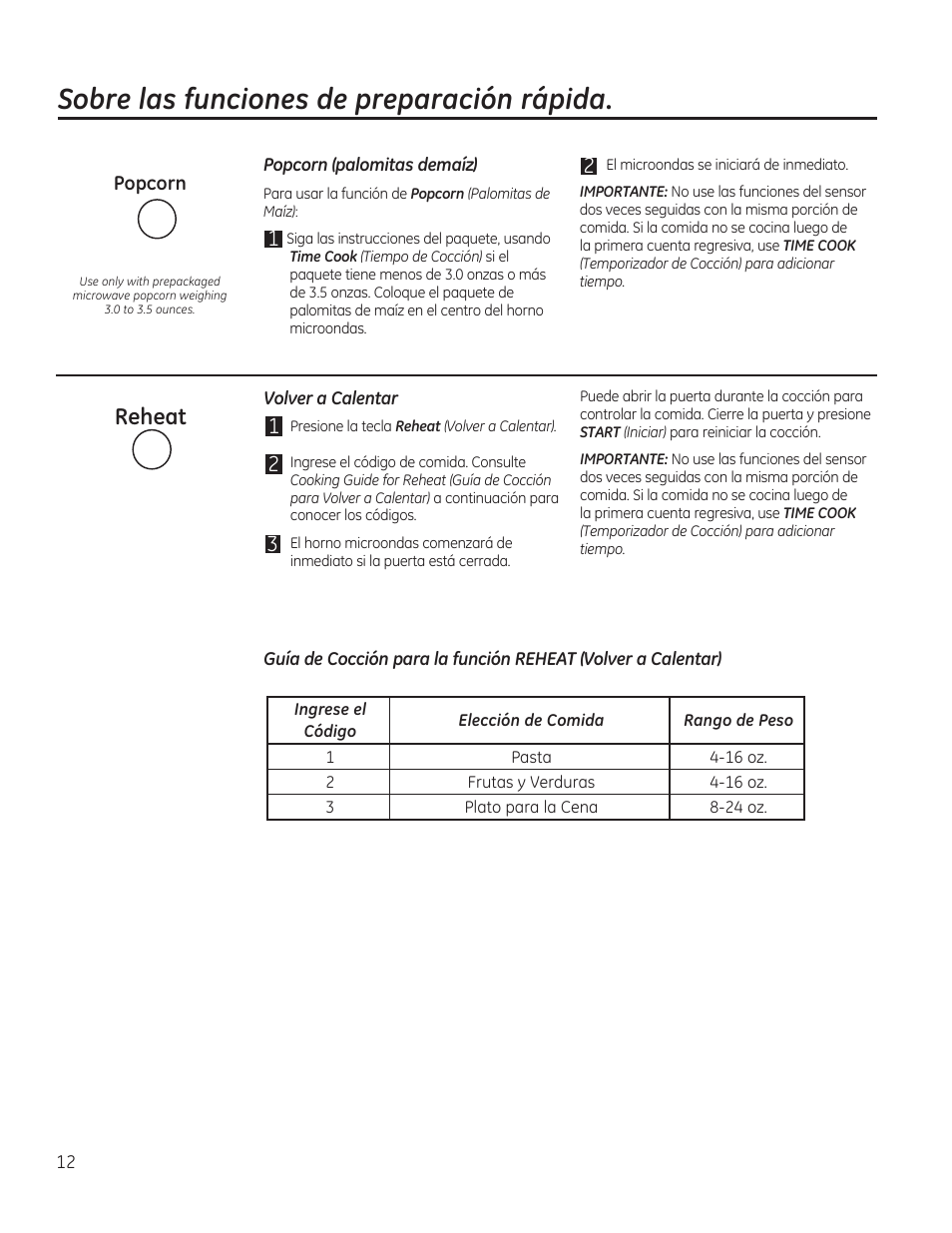 Sobre las funciones de preparación rápida, Reheat | GE JES1656SRSS User Manual | Page 32 / 40