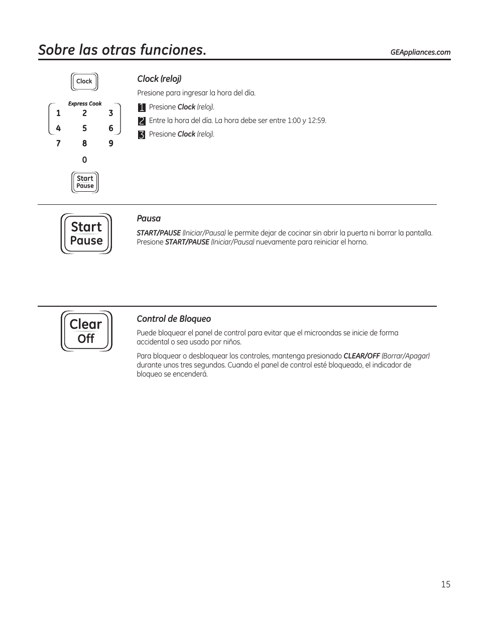 Sobre las otras funciones, Start, Clear | Pause | GE JES1656SRSS User Manual | Page 35 / 40