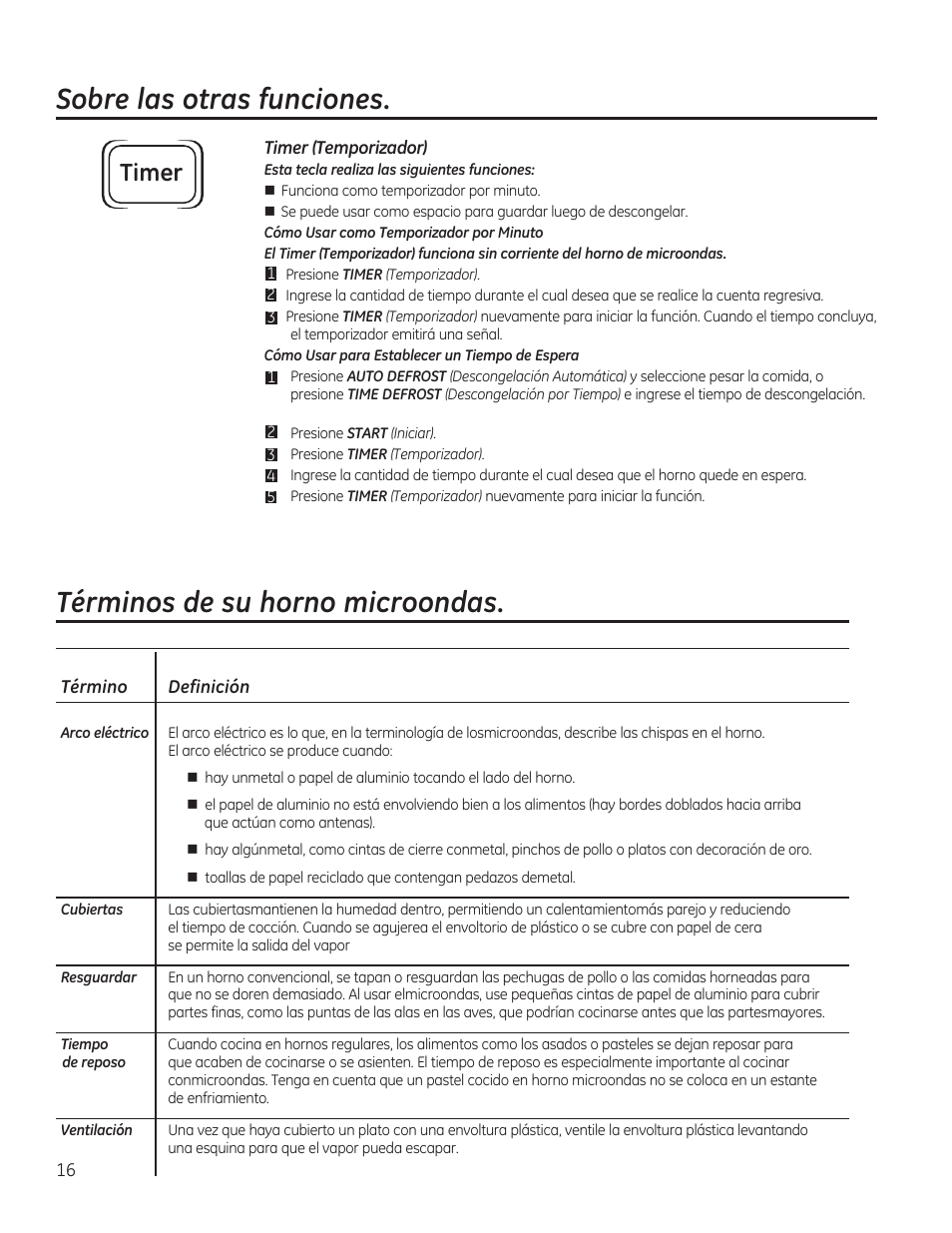 Términos de su horno microondas, Sobre las otras funciones, Timer | GE JES1656SRSS User Manual | Page 36 / 40