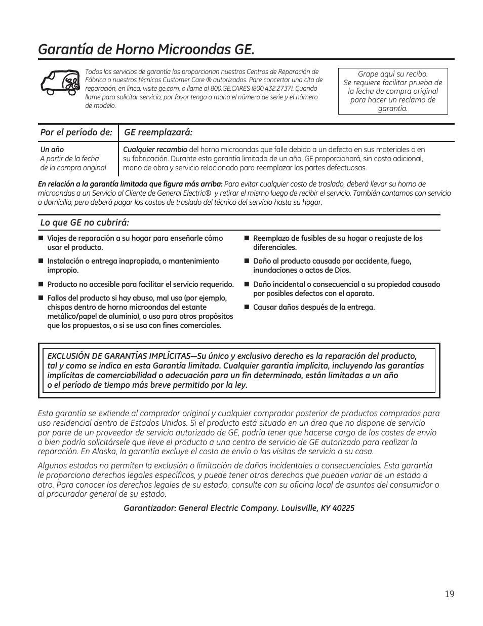 Garantía de horno microondas ge | GE JES1656SRSS User Manual | Page 39 / 40