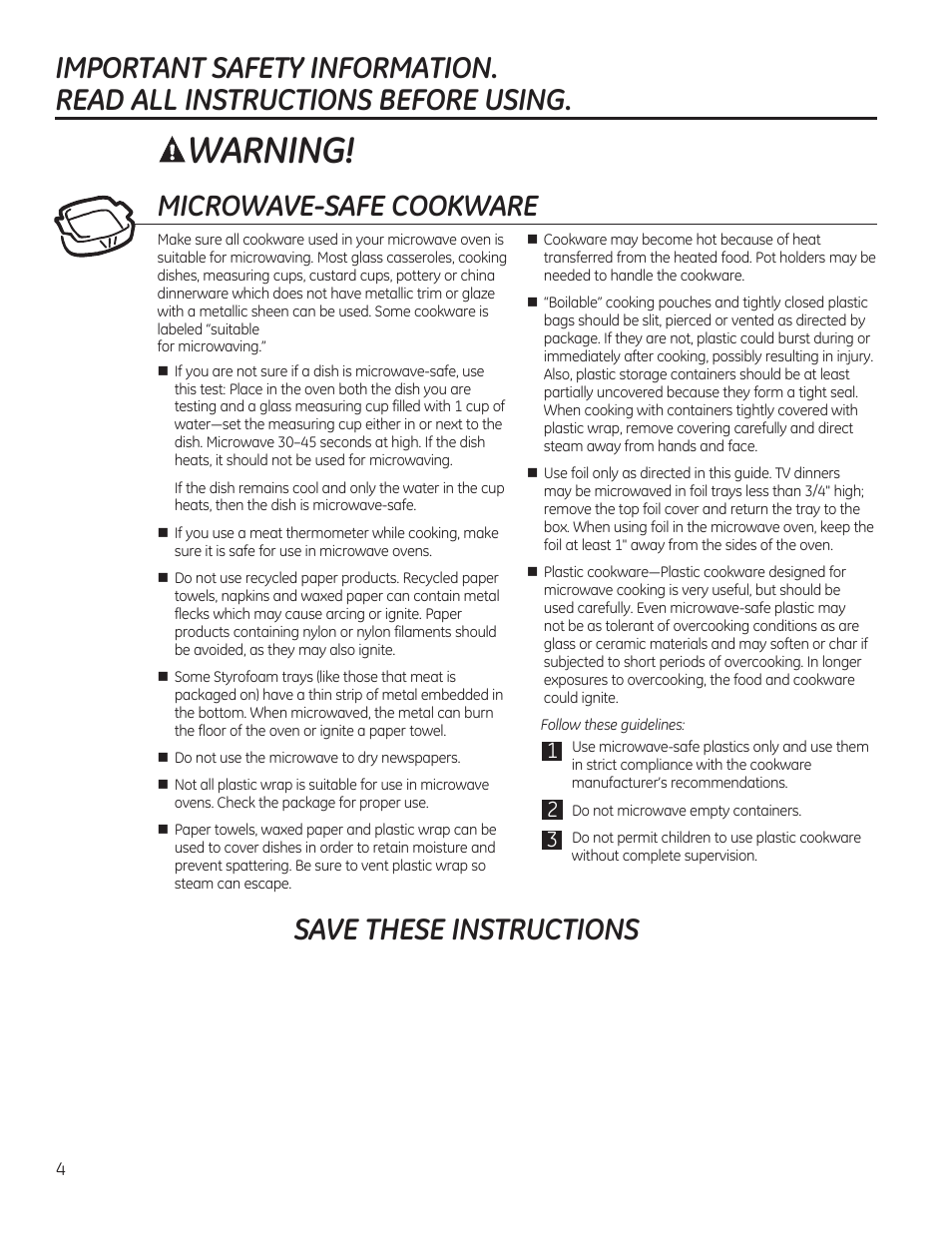 Warning, Save these instructions, Microwave-safe cookware | GE JES1656SRSS User Manual | Page 4 / 40