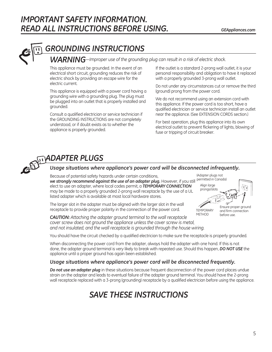 Save these instructions, Adapter plugs, Grounding instructions | Warning | GE JES1656SRSS User Manual | Page 5 / 40