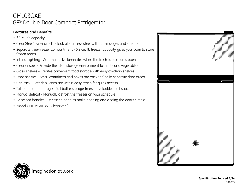 Gml03gae, Double-door compact refrigerator | GE GML03GAEBS User Manual | Page 2 / 2