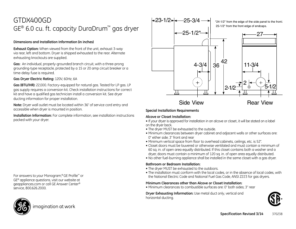 GE GTDX400GDWS User Manual | 3 pages