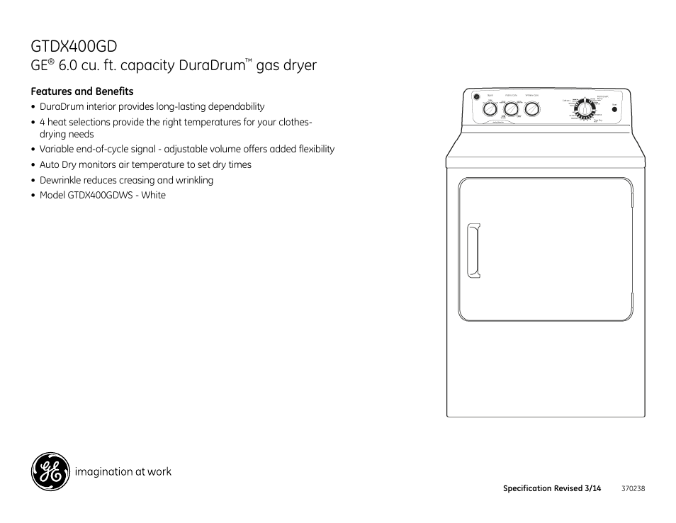 Gtdx400gd, 0 cu. ft. capacity duradrum, Gas dryer | GE GTDX400GDWS User Manual | Page 3 / 3