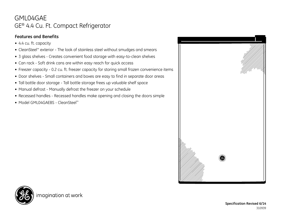 Gml04gae, 4 cu. ft. compact refrigerator | GE GML04GAEBS User Manual | Page 2 / 2