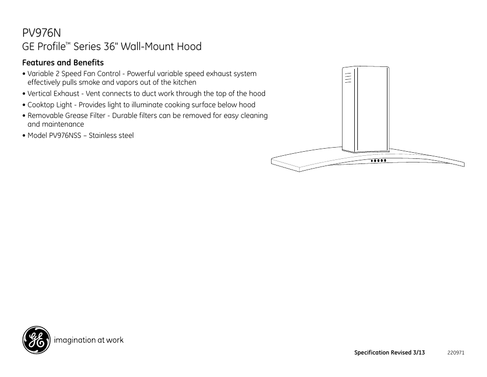 Pv976n, Ge profile, Series 36" wall-mount hood | GE PV976NSS User Manual | Page 2 / 2