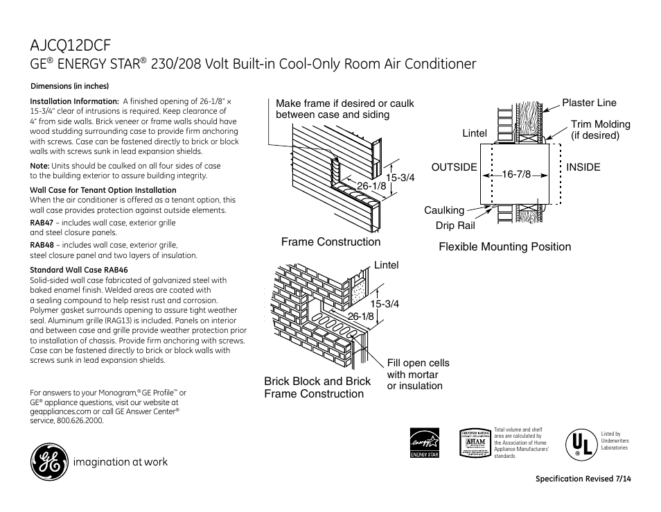 Ajcq12dcf, Energy star | GE AJCQ12DCF User Manual | Page 2 / 3
