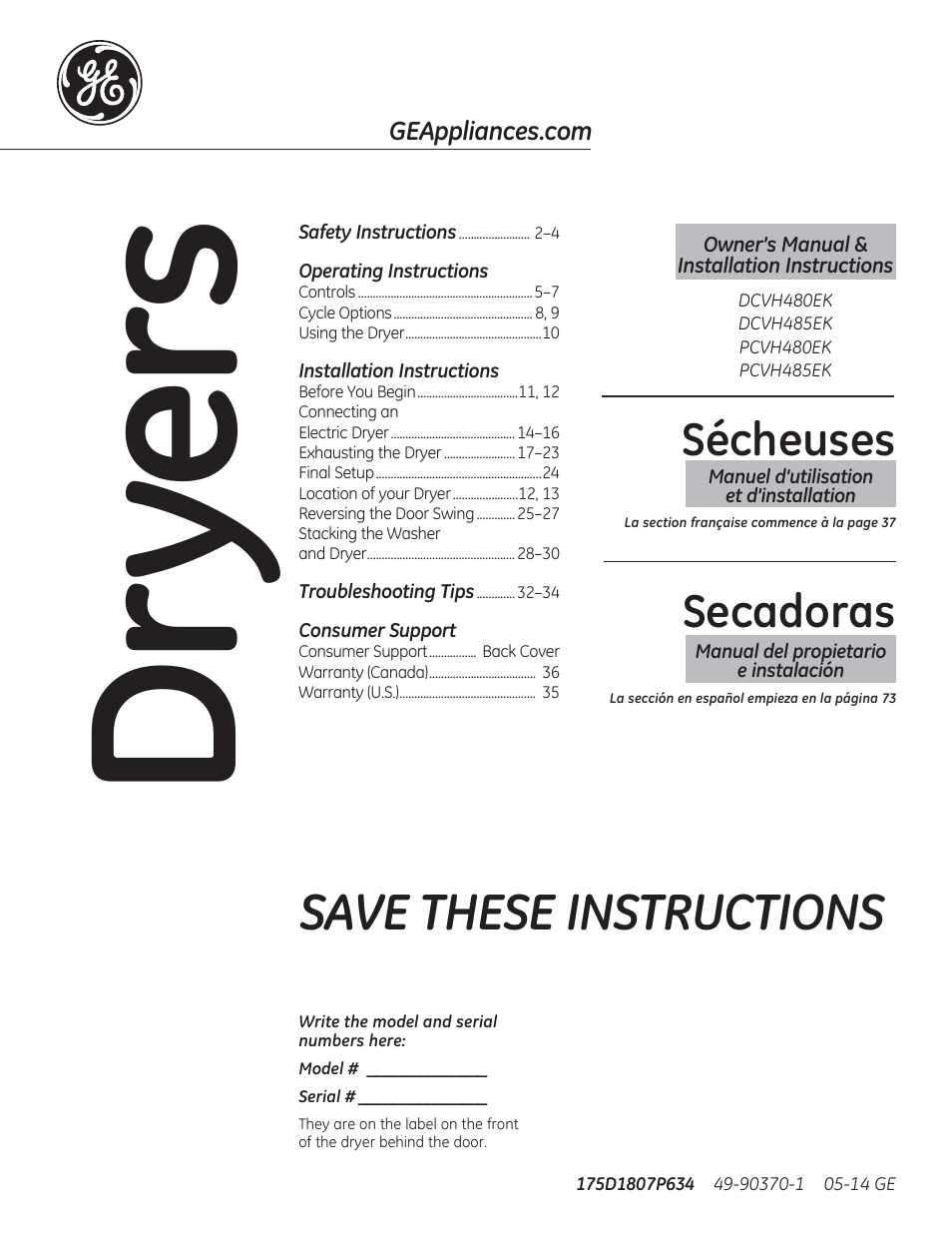 GE DCVH480EKWW User Manual | 108 pages