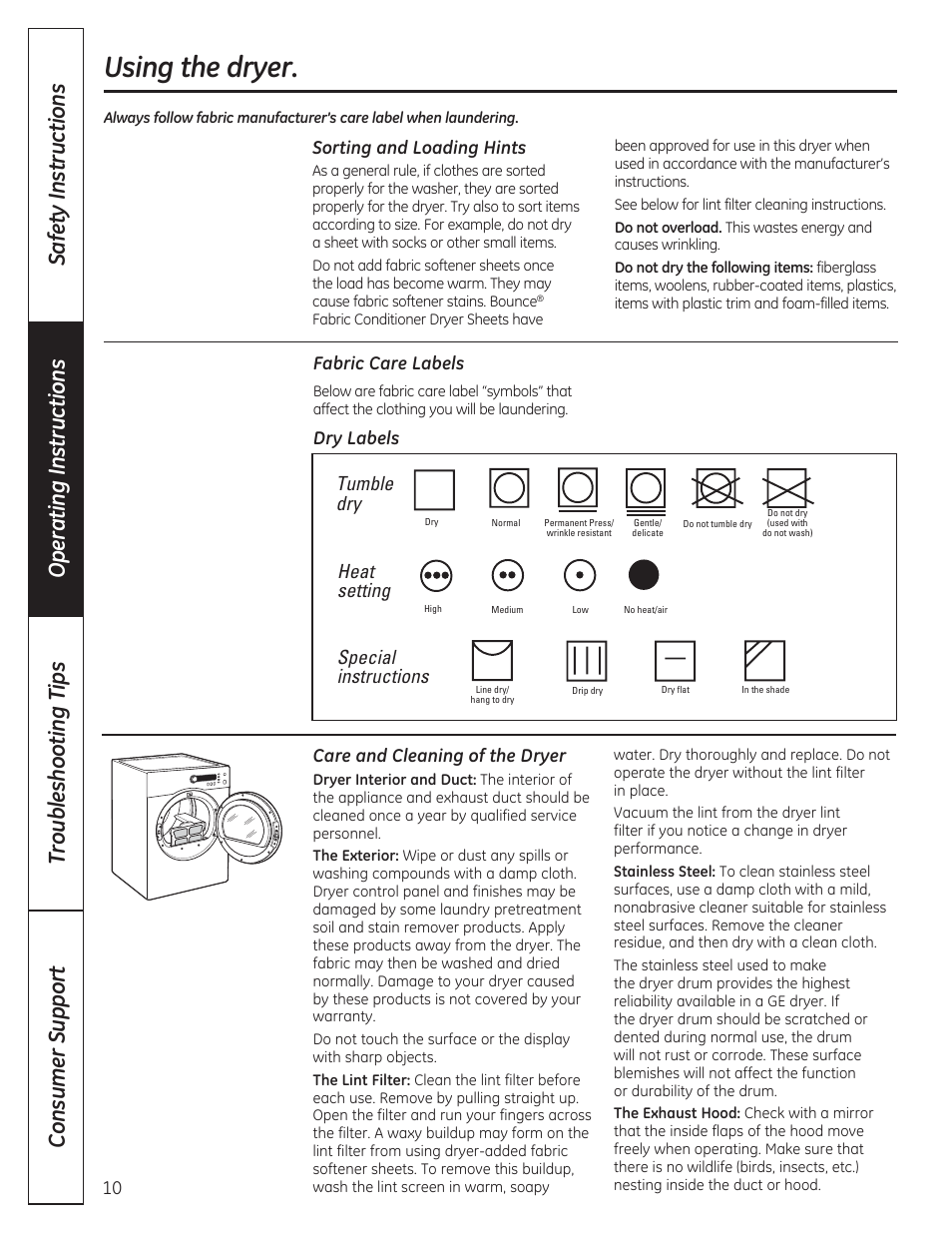 Using the dryer, Tumble dry, Heat setting | Special instructions | GE DCVH480EKWW User Manual | Page 10 / 108
