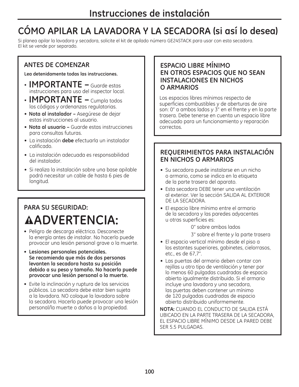 Advertencia, Instrucciones de instalación, Importante | GE DCVH480EKWW User Manual | Page 100 / 108