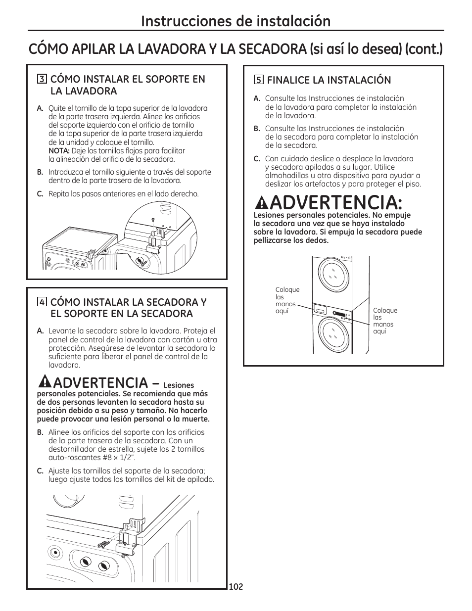 Advertencia | GE DCVH480EKWW User Manual | Page 102 / 108