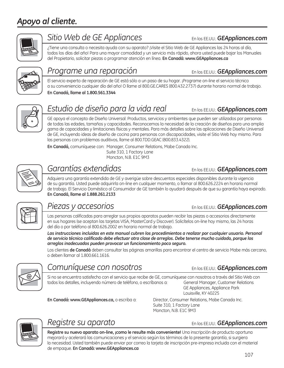Apoyo al cliente. sitio web de ge appliances, Programe una reparación, Estudio de diseño para la vida real | Garantías extendidas, Piezas y accesorios, Comuníquese con nosotros, Registre su aparato | GE DCVH480EKWW User Manual | Page 107 / 108