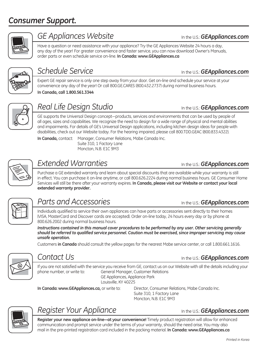 Consumer support. ge appliances website, Schedule service, Real life design studio | Extended warranties, Parts and accessories, Contact us, Register your appliance | GE DCVH480EKWW User Manual | Page 108 / 108