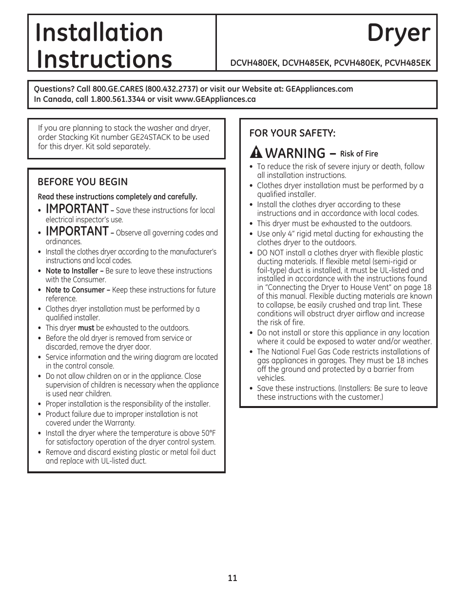 Installation dryer, Instructions, Warning | Important | GE DCVH480EKWW User Manual | Page 11 / 108