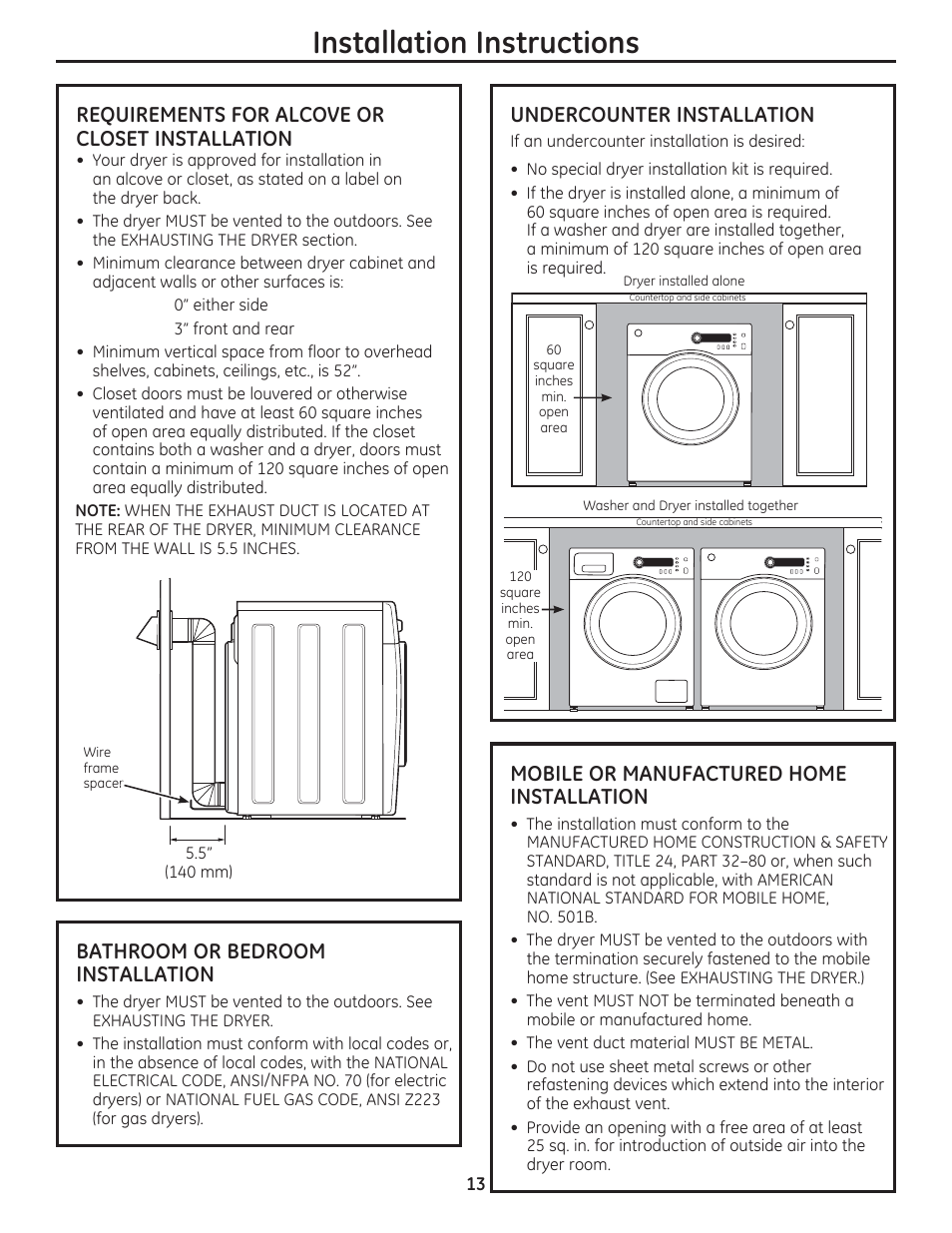 Installation instructions, Requirements for alcove or closet installation, Bathroom or bedroom installation | Mobile or manufactured home installation, Undercounter installation | GE DCVH480EKWW User Manual | Page 13 / 108