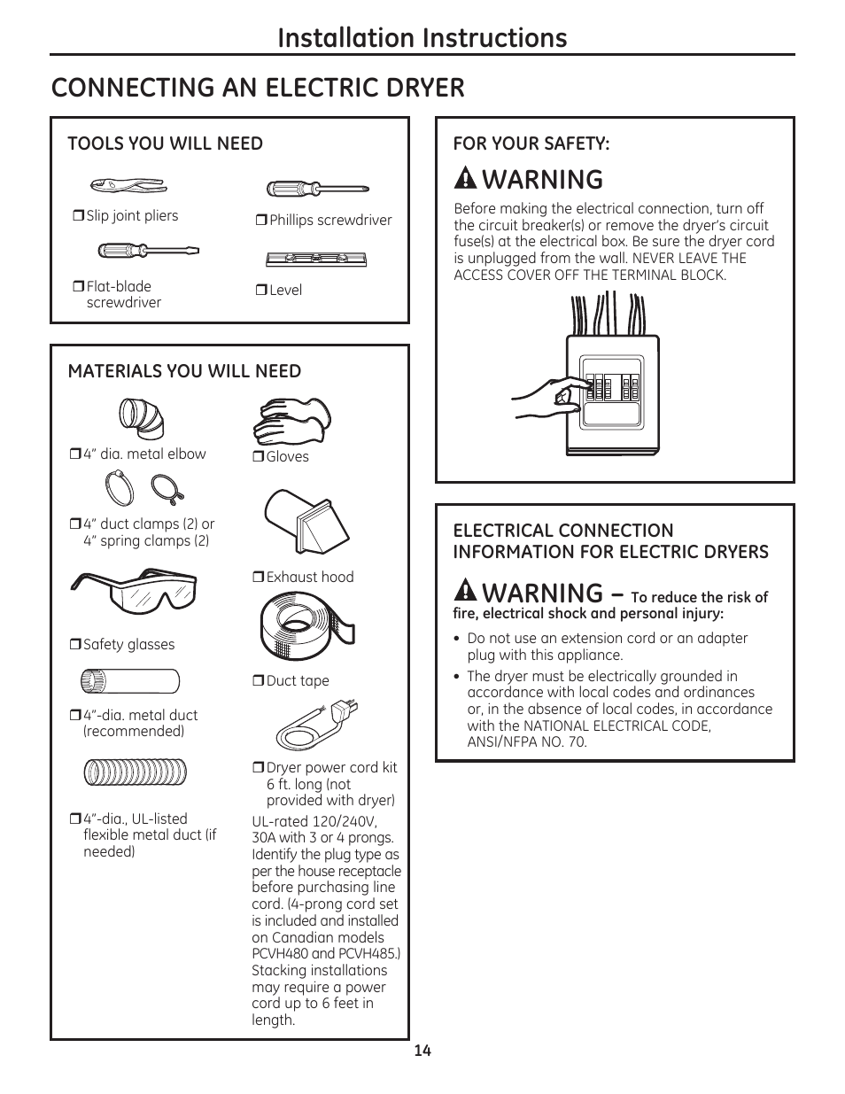 Installation instructions, Connecting an electric dryer, Warning | For your safety, Tools you will need materials you will need | GE DCVH480EKWW User Manual | Page 14 / 108