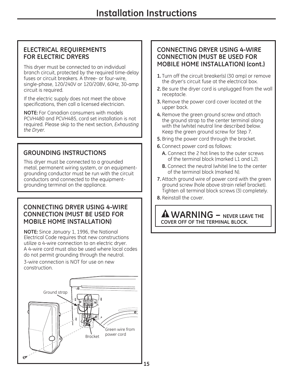 Installation instructions, Warning, Electrical requirements for electric dryers | Grounding instructions | GE DCVH480EKWW User Manual | Page 15 / 108
