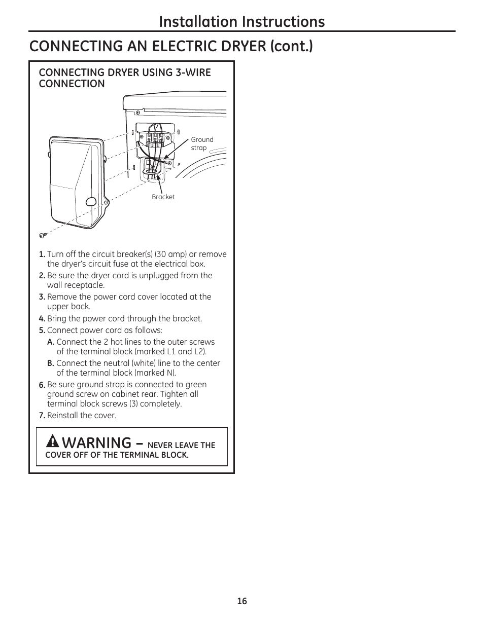 Installation instructions, Connecting an electric dryer (cont.), Warning | GE DCVH480EKWW User Manual | Page 16 / 108