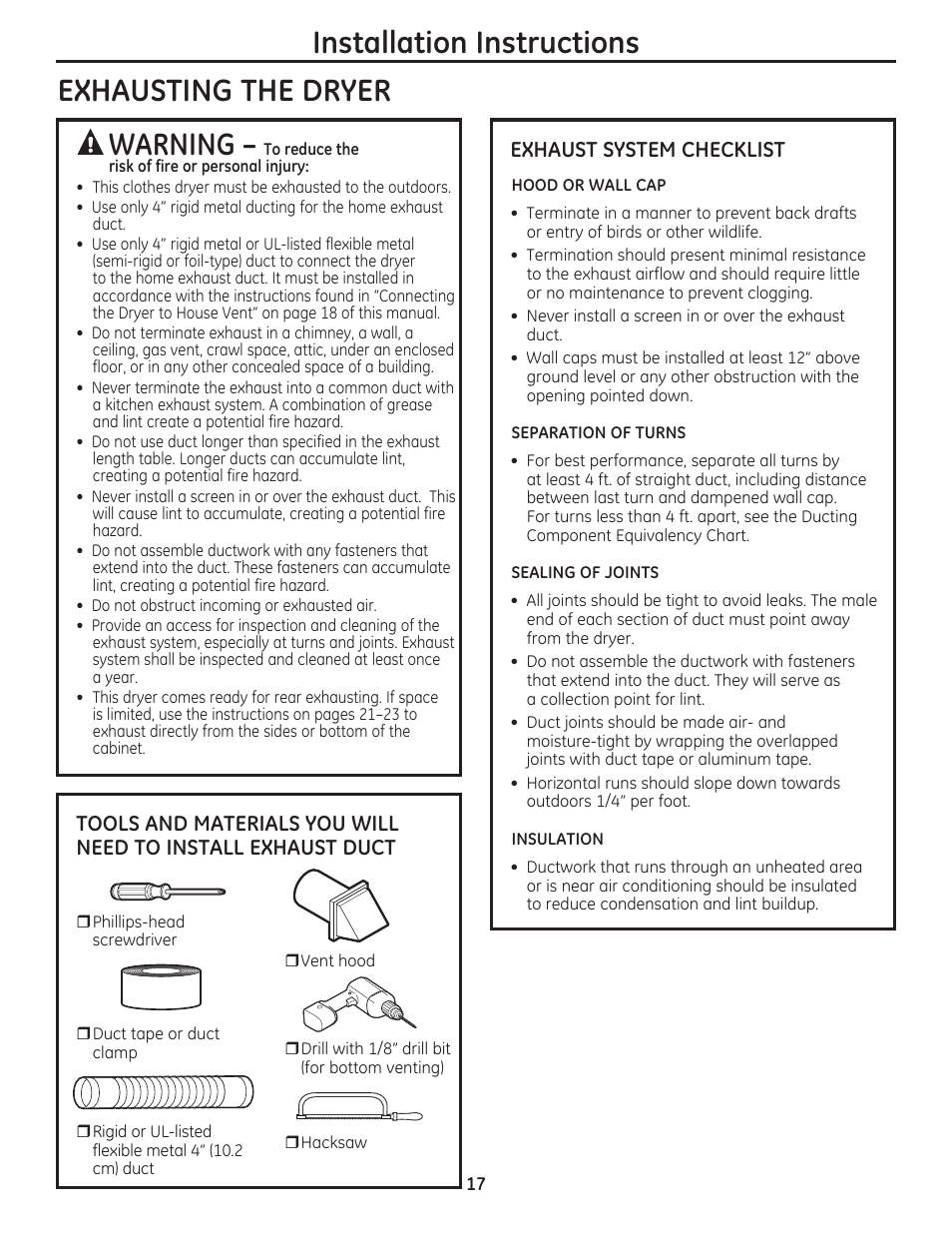 Installation instructions, Exhausting the dryer, Warning | Exhaust system checklist | GE DCVH480EKWW User Manual | Page 17 / 108