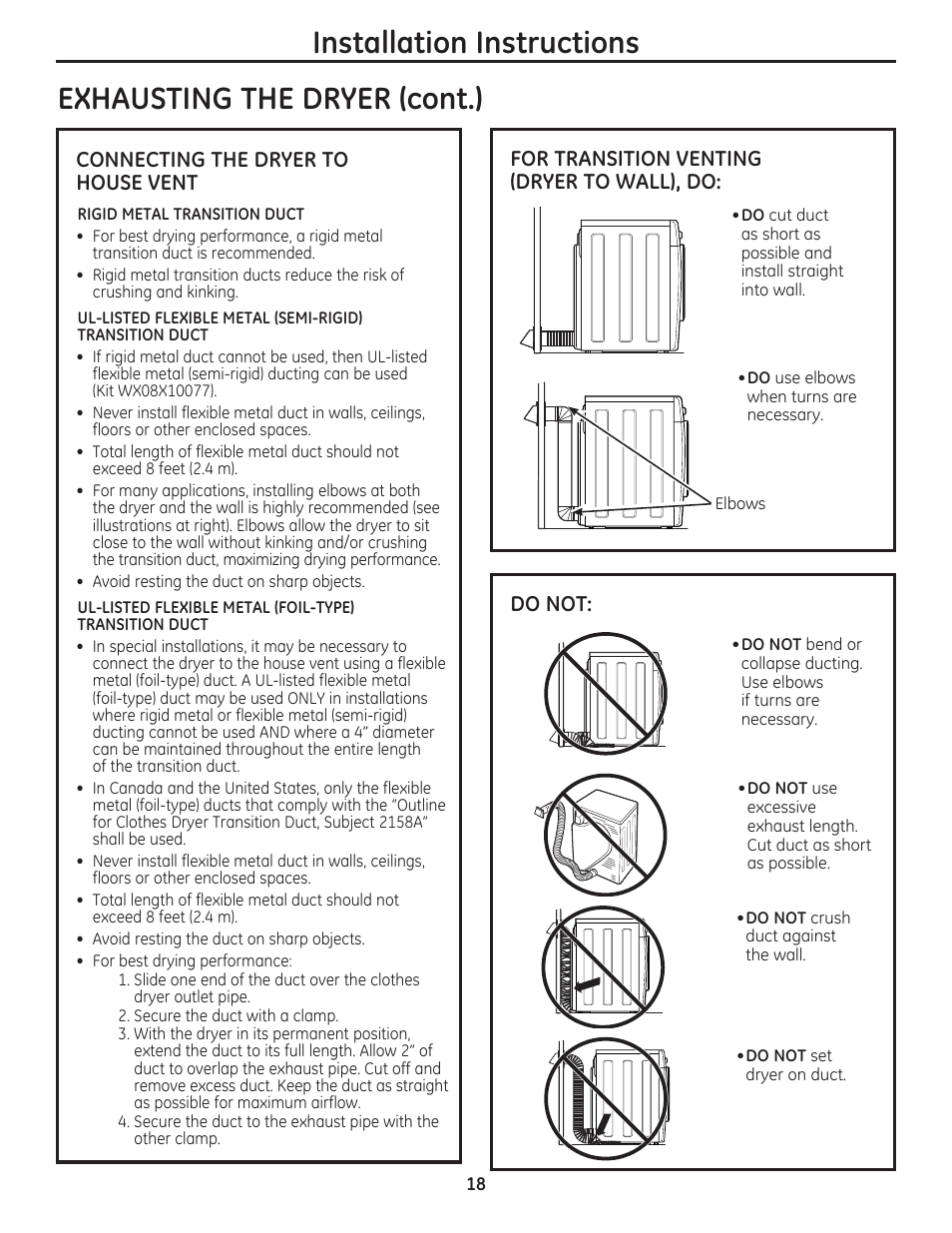 Installation instructions, Exhausting the dryer (cont.), Connecting the dryer to house vent | For transition venting (dryer to wall), do, Do not | GE DCVH480EKWW User Manual | Page 18 / 108