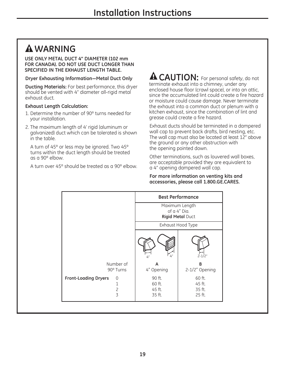 Installation instructions, Warning, Caution | GE DCVH480EKWW User Manual | Page 19 / 108