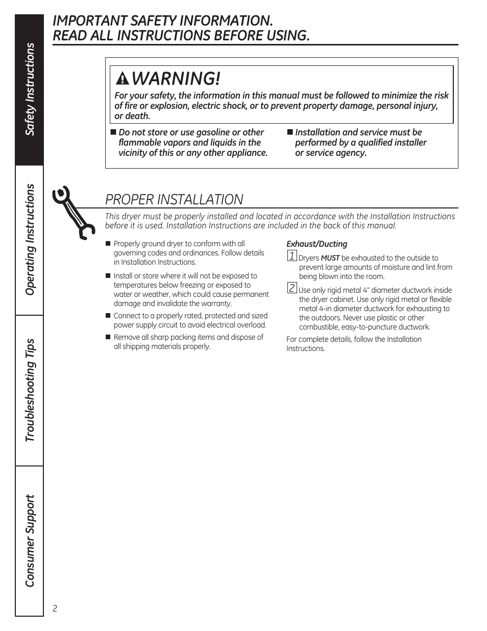 Warning, Proper installation | GE DCVH480EKWW User Manual | Page 2 / 108