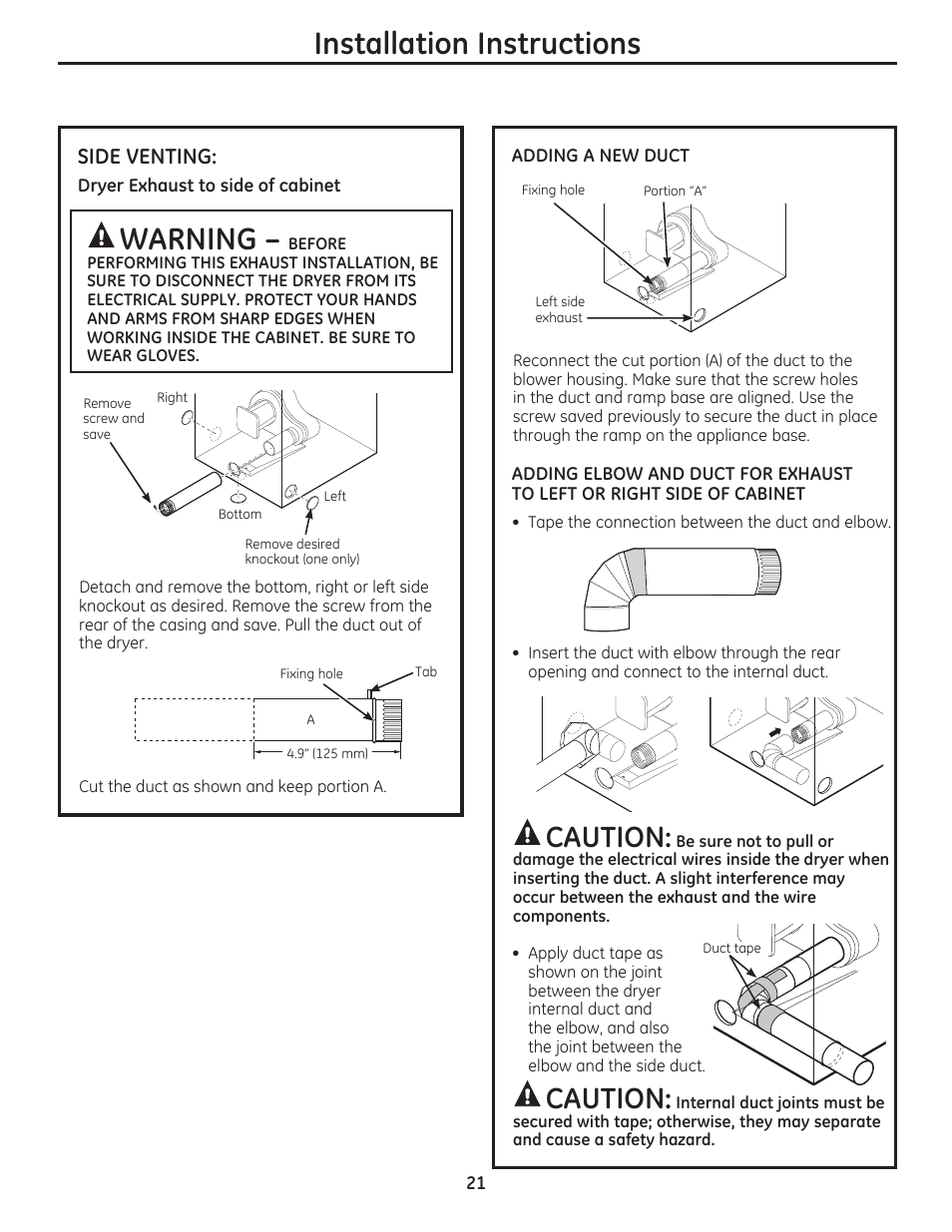 Warning, Installation instructions, Caution | Side venting | GE DCVH480EKWW User Manual | Page 21 / 108