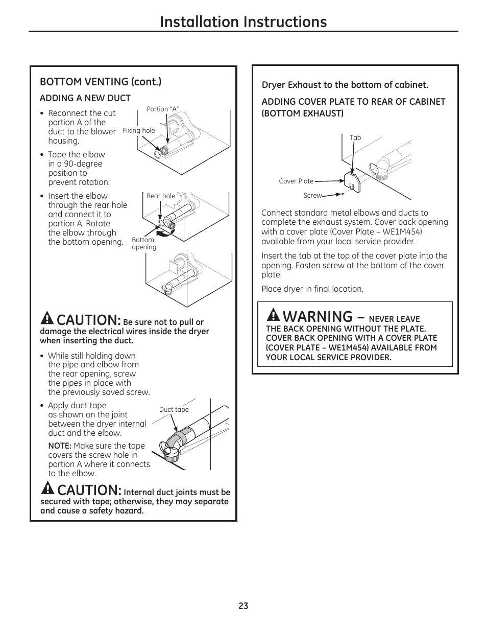 Installation instructions, Warning, Caution | Bottom venting (cont.) | GE DCVH480EKWW User Manual | Page 23 / 108