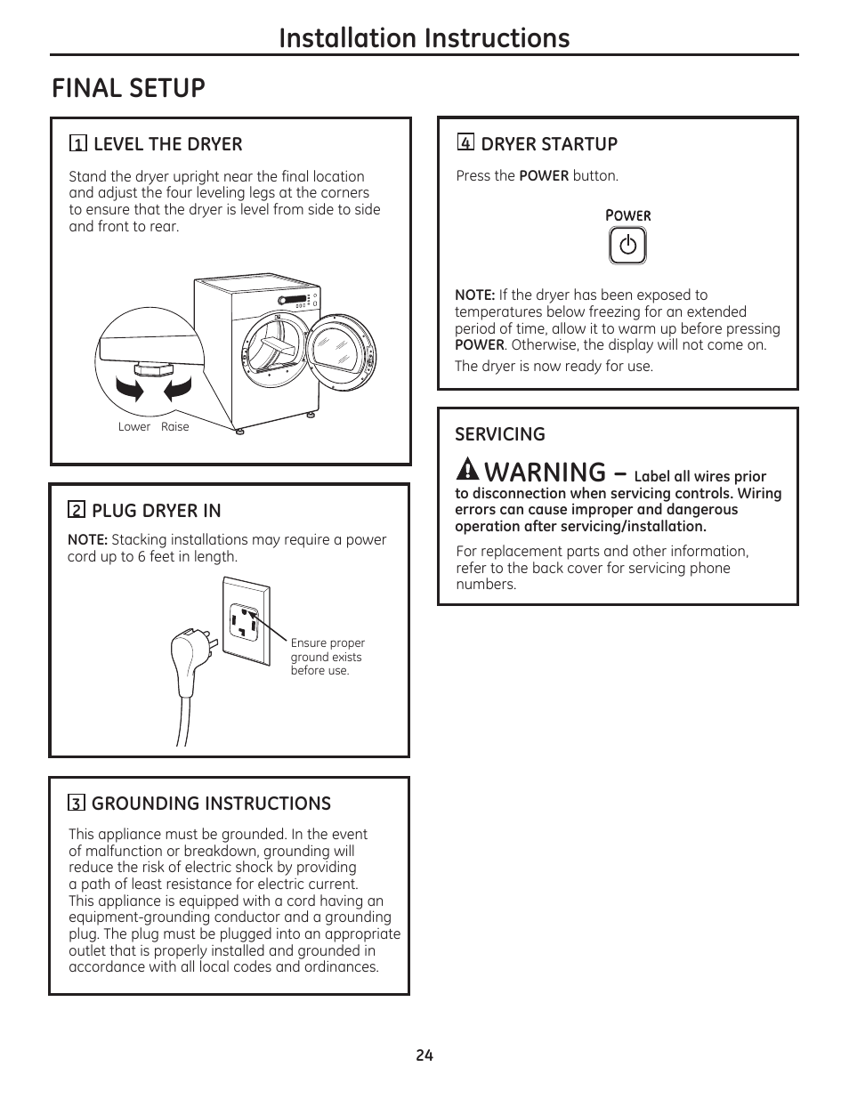 Installation instructions, Final setup, Warning | GE DCVH480EKWW User Manual | Page 24 / 108