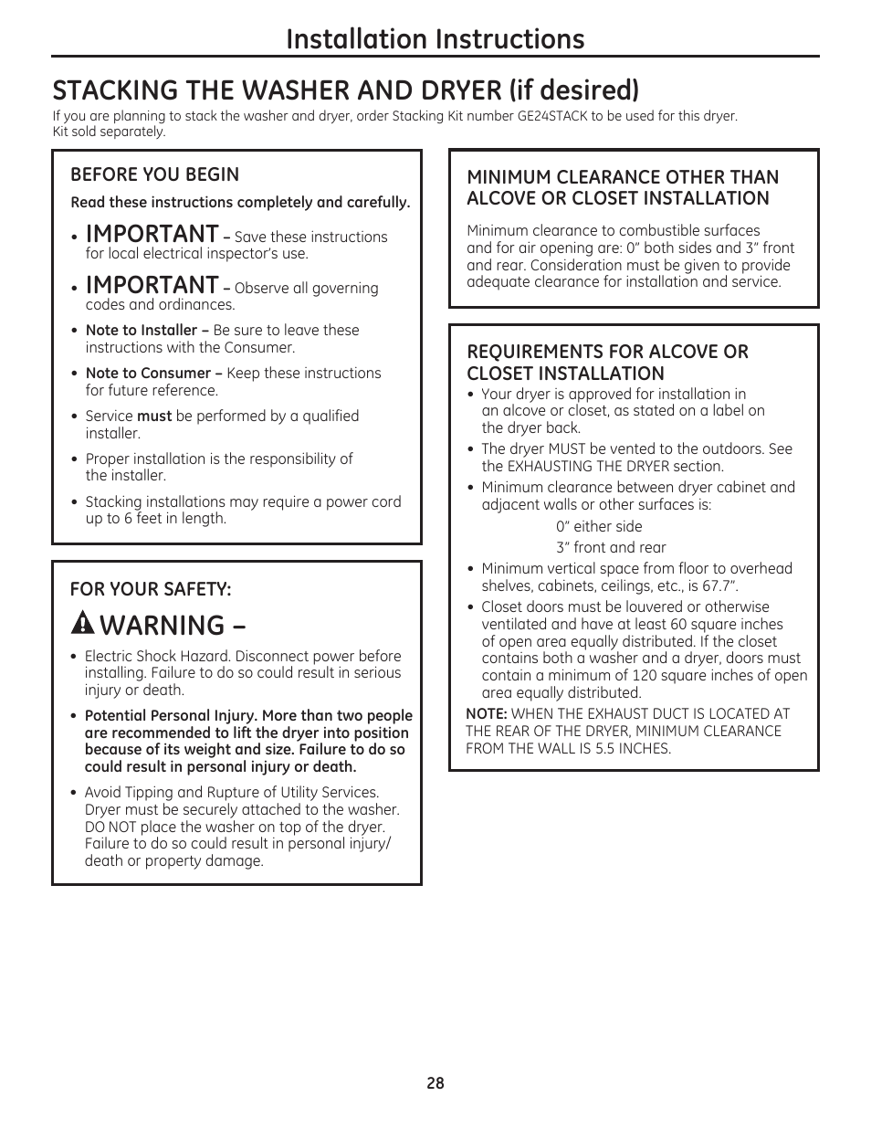 Stacking the washer and dryer (if desired), Warning, Installation instructions | Important | GE DCVH480EKWW User Manual | Page 28 / 108