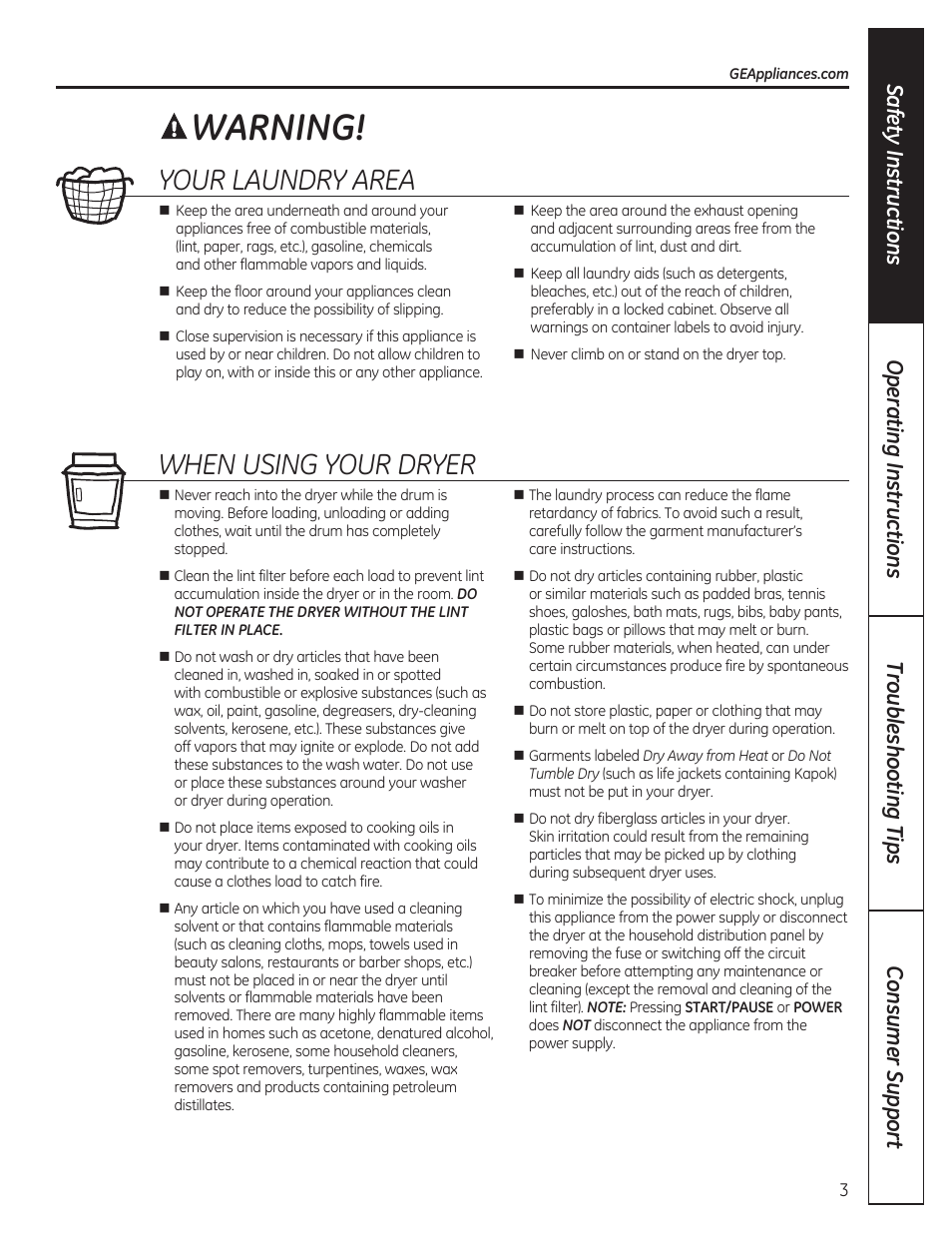 Warning, Your laundry area, When using your dryer | GE DCVH480EKWW User Manual | Page 3 / 108