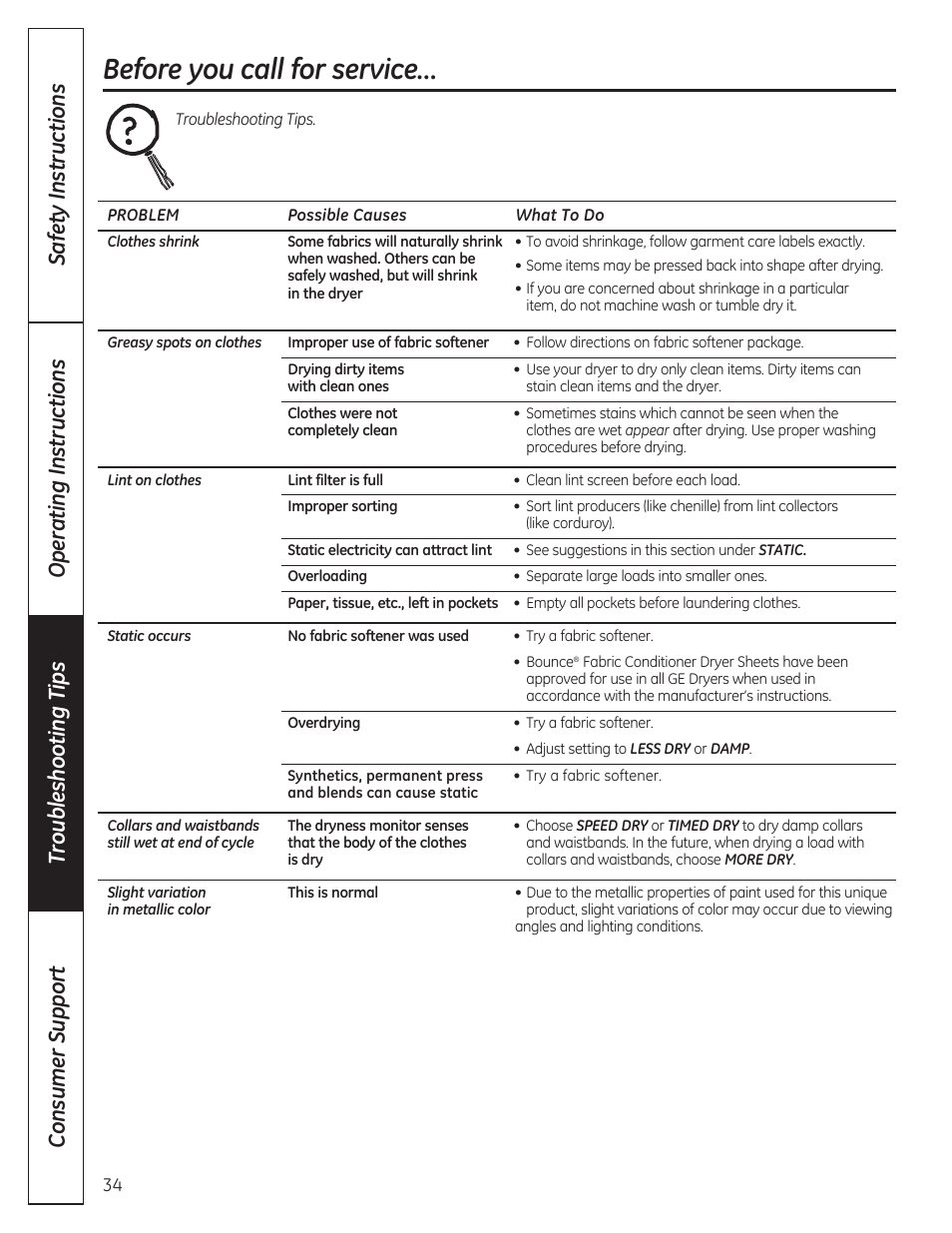 Before you call for service | GE DCVH480EKWW User Manual | Page 34 / 108