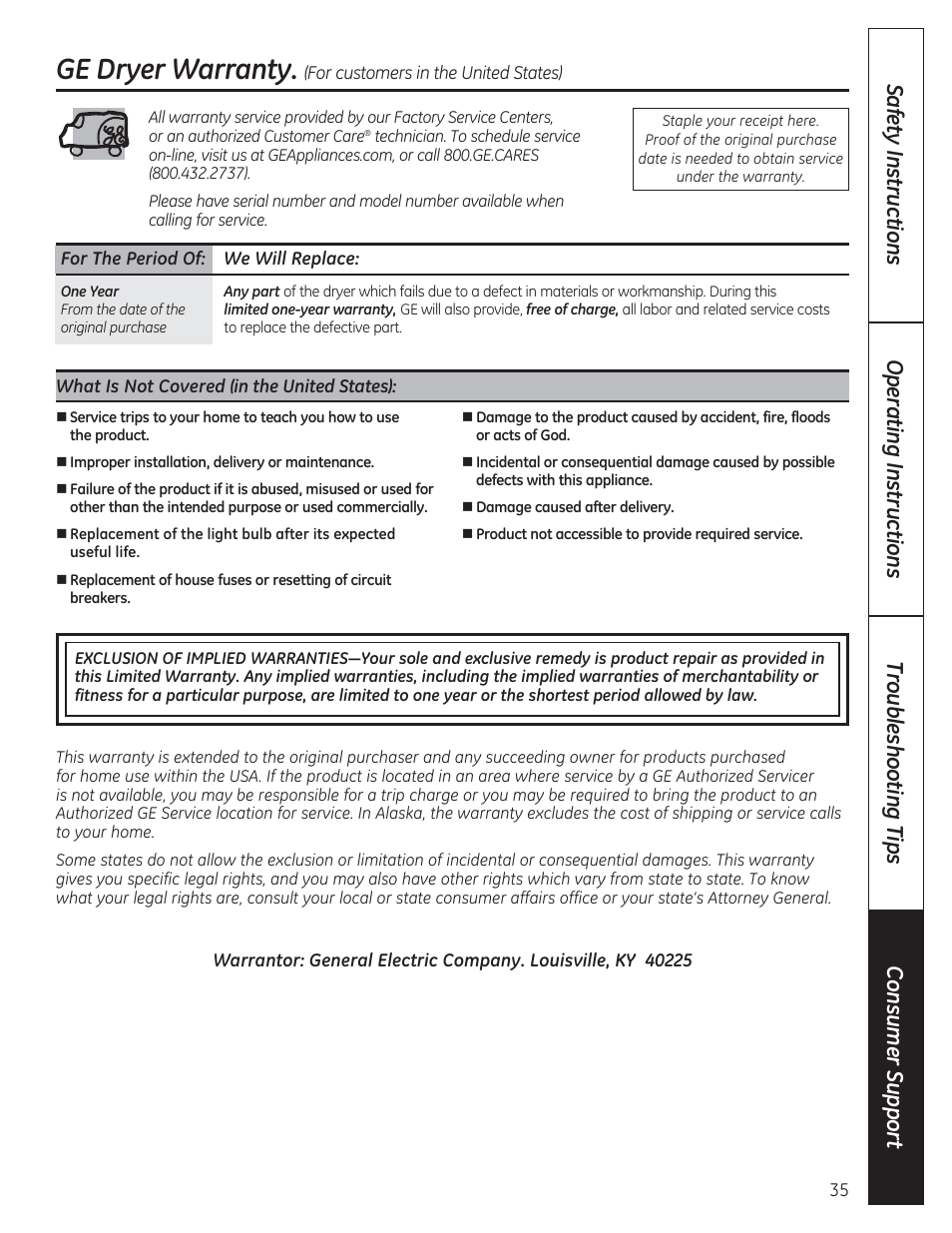 Ge dryer warranty | GE DCVH480EKWW User Manual | Page 35 / 108