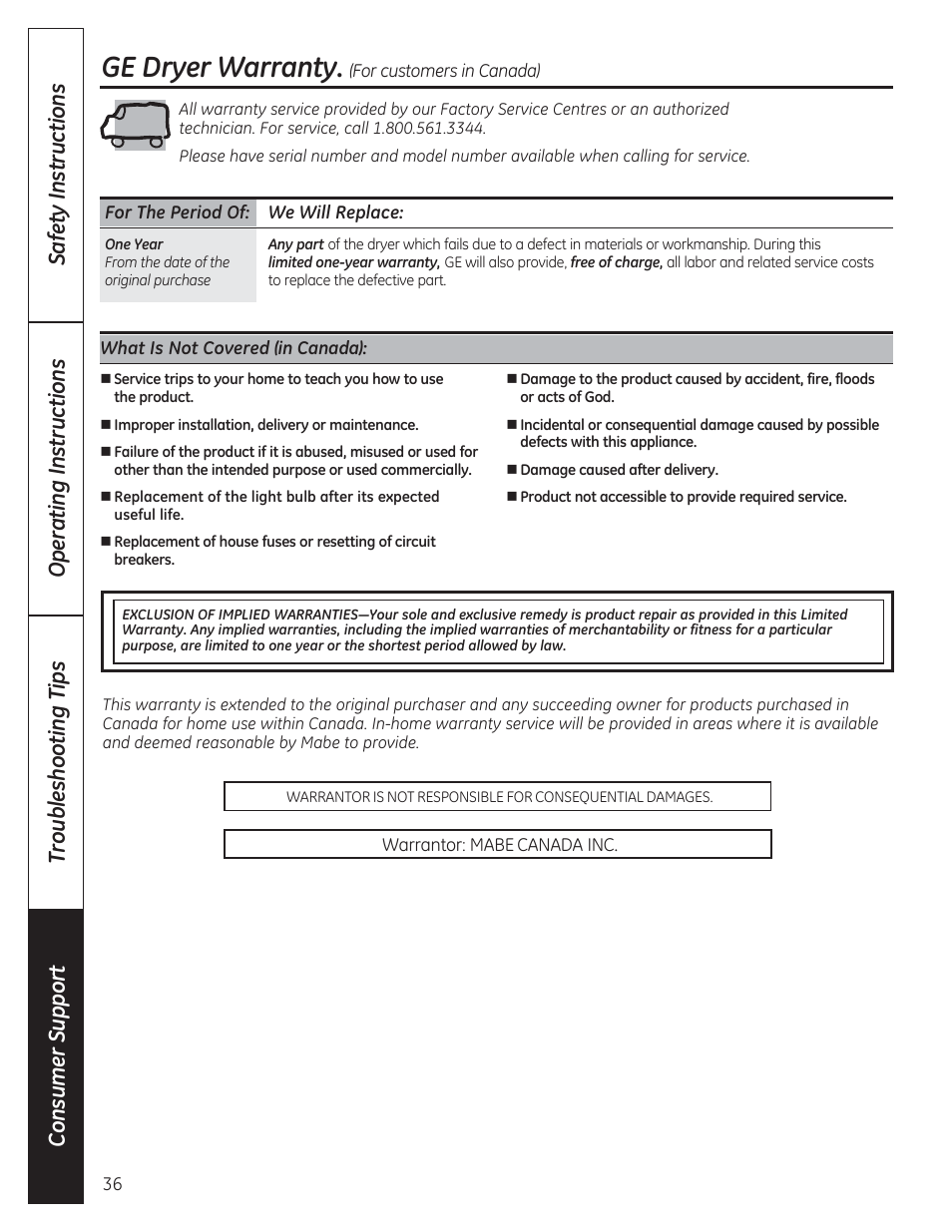 Ge dryer warranty | GE DCVH480EKWW User Manual | Page 36 / 108