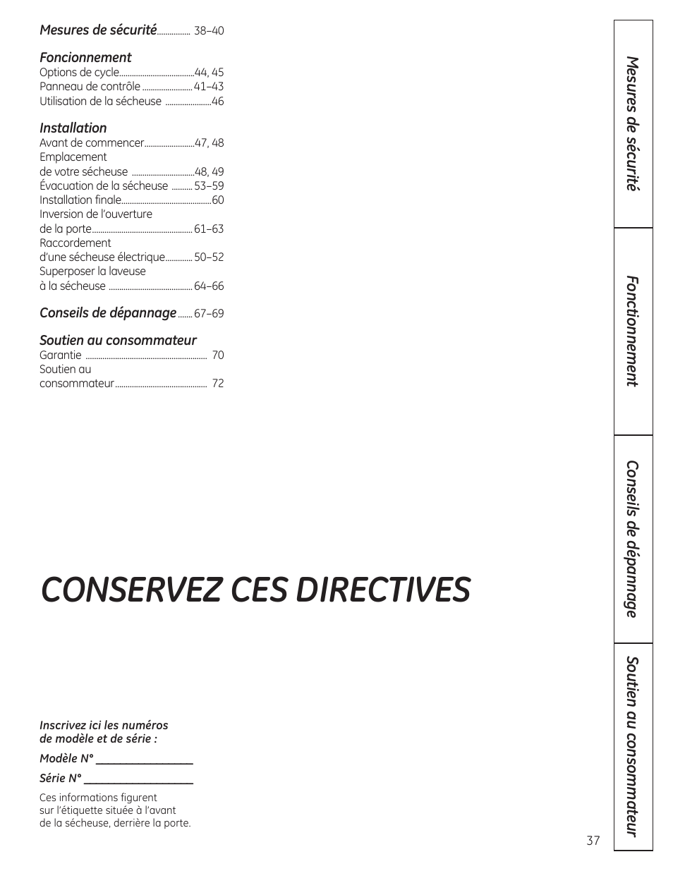 Conservez ces directives | GE DCVH480EKWW User Manual | Page 37 / 108