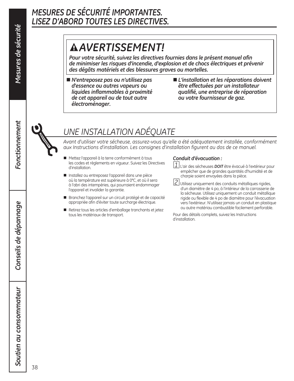 Avertissement, Une installation adéquate | GE DCVH480EKWW User Manual | Page 38 / 108