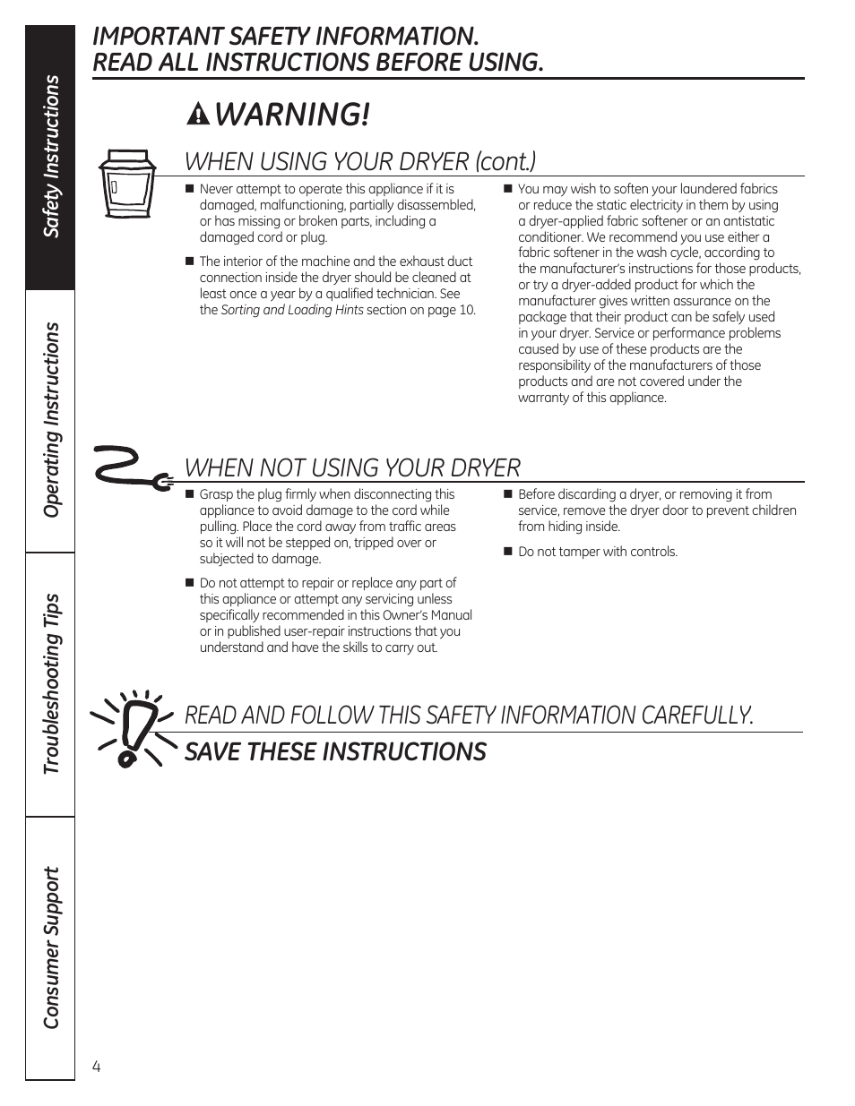 Warning, When not using your dryer, When using your dryer (cont.) | GE DCVH480EKWW User Manual | Page 4 / 108