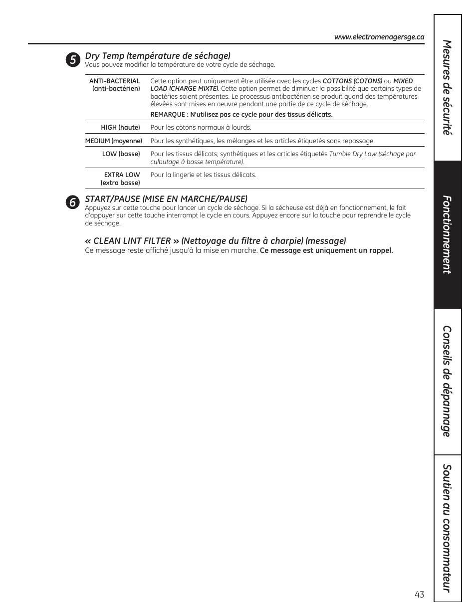 GE DCVH480EKWW User Manual | Page 43 / 108