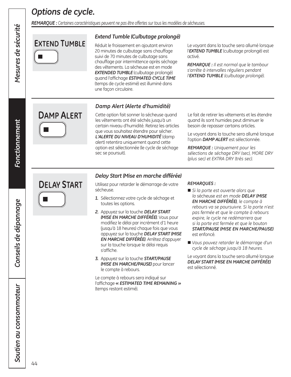 Options de cycle | GE DCVH480EKWW User Manual | Page 44 / 108