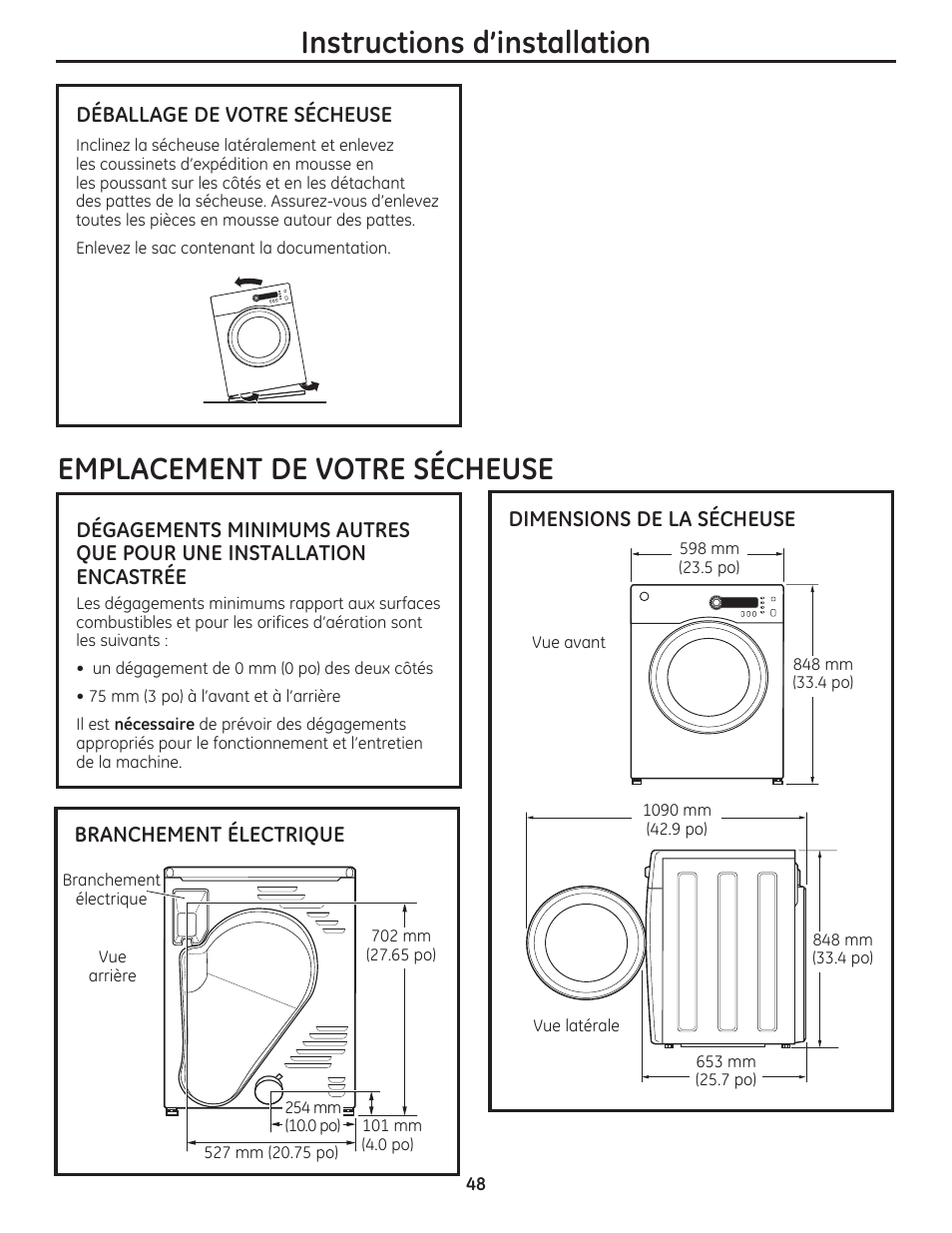 Instructions d’installation, Emplacement de votre sécheuse | GE DCVH480EKWW User Manual | Page 48 / 108